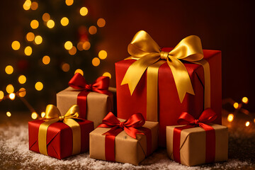 Christmas Gift Boxes with Red Ribbons &ndash; Cozy Festive Winter Holiday Scene with Snow and Lights