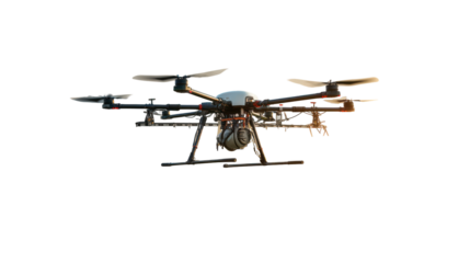 Modern quadcopter drone with propellers isolated on transparent background