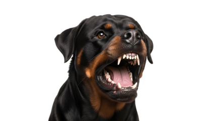 Aggressive Rottweiler with bared teeth against a white background.