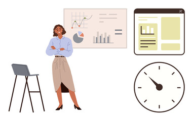 Woman standing near office chair with arms crossed, charts and graphs on whiteboard, digital tool interface, clock. Ideal for business, time management, leadership, presentations, analytics