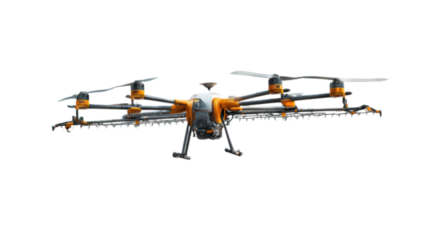Industrial drone with multiple rotors and camera isolated on transparent background