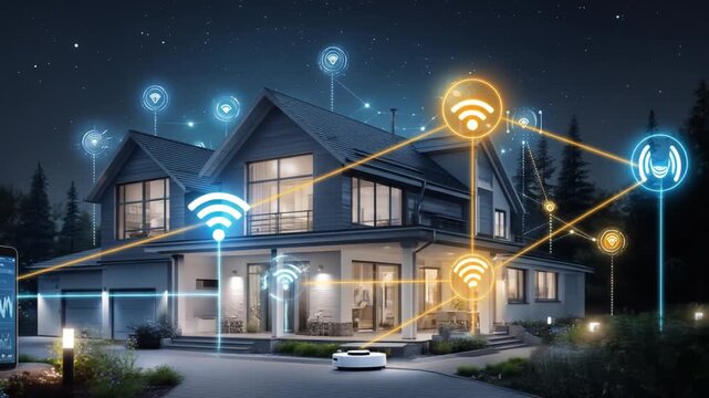 A modern suburban home showcases smart home technology at night, with illuminated windows and a connected network overlay.