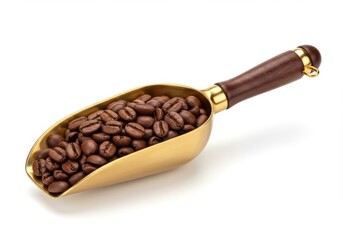 Obraz premium A golden scoop holds roasted coffee beans on a white background.