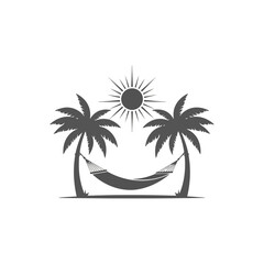 Obraz premium Silhouette of a hammock strung between two palm trees under a bright sun