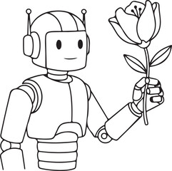 Cute Cartoon Robot with a Friendly Face Presenting a Single, Beautifully Blooming Tulip Flower as a Gift.
