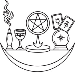 Esoteric Line Art Depicting Mystical Objects like a Pentagram, Crystal Ball, and Chalice Set Upon a Crescent Moon