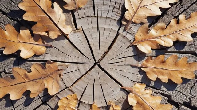 Dry oak leaves arranged around a weathered tree stump with visible cracks and wood grain detail nature texture background video