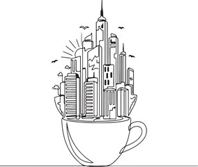 The Concept of a Dynamic Urban Skyline Rising Out of a Coffee Cup, Symbolizing Energy and City Life.