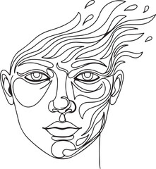A beautiful and expressive one-line art drawing of a woman's face with stylized, flame-like or swirling hair that appears to be dissolving into droplets