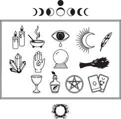 A black and white line art illustration of various occult and witchcraft symbols and tools, framed by a border and topped with a full sequence of moon phases