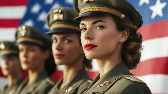 Women in military uniforms standing front of large flag, conveying strength and unity