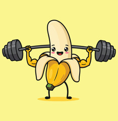 A happy kawaii cartoon banana mascot with muscles lifting a very heavy barbell over its head