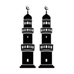 Obraz premium Two black silhouette minarets of a mosque with crescent moon and star on top