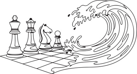 An Illustrated Wave of Water Threatening to Wash Over and Disrupt a Line of Detailed Chess Pieces on a Board.