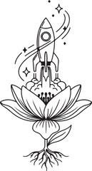 An Elegant Rocket Ship Launching from the Petals of a Rooted, Blooming Flower, Merging Nature and Exploration