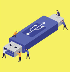 An isometric illustration of miniature people working together to plug in a giant USB flash drive for data transfer.