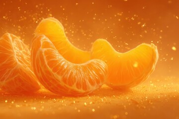 Slices of fresh orange citrus glow with a vibrant hue. Delicate droplets scatter around them, creating a magical atmosphere. The warm light enhances the juicy textures and colors.
