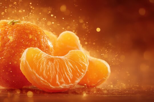 A vibrant orange sits beside several bright segments. Sparkling particles float around in a warm glow, creating a cheerful atmosphere. The scene highlights the freshness and juiciness of the fruit.
