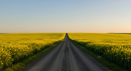 Gravel Road Leading Through Vibrant Yellow Fields Under Clear Blue Sky at Sunset