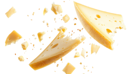 Pieces of parmesan cheese breaking apart isolated on transparent background