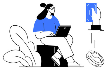 Woman sitting with laptop beside plants, hand holding cash, and coin falling. Ideal for online business, finance, saving, investment, digital economy education remote work. Simple flat metaphor