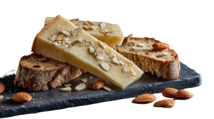 Assortment of aged cheeses with almonds isolated on transparent background