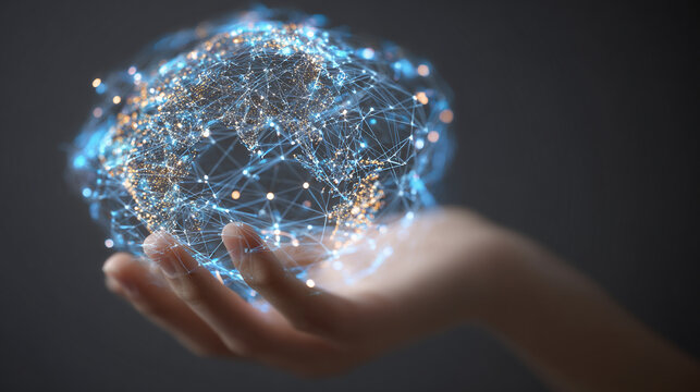 Man holding digital sphere with glowing network connections in his hand.