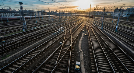 Aerial view of a complex railway junction with multiple tracks and overhead power lines at sunset time