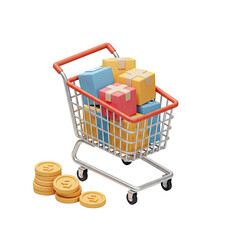 3D Illustration of Shopping Cart Full of Boxes with Golden Coin Stacks on Transparent Background
