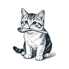 Fototapeta premium Adorable kitten bite the spoon – Black and White Icon Vector and Illustration