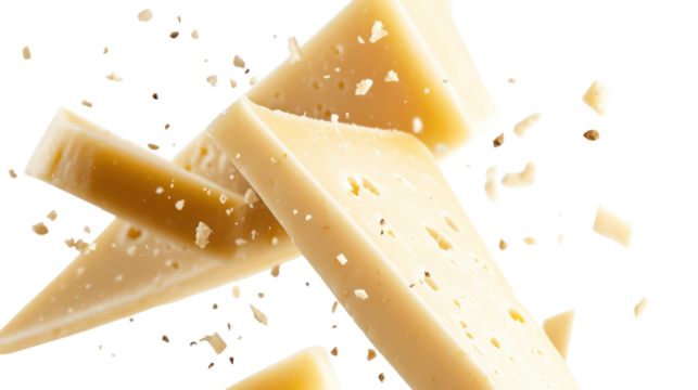 Wedge shaped pieces of aged parmesan cheese isolated on transparent background