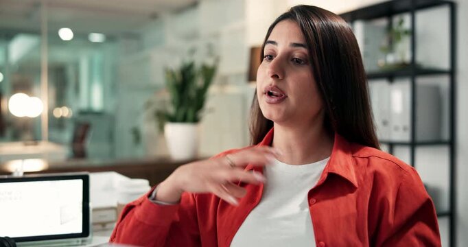 Talking, woman and online meeting in office for feedback, opinion or solution in digital marketing. Speaking, creative or female person in video call with update, problem solving or advice in agency. - Powered by Adobe