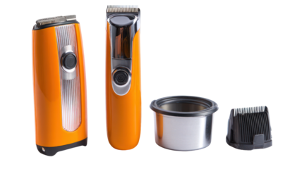 Two orange electric shavers and accessories isolated on transparent background
