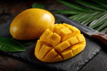 A ripe mango is sliced to reveal bright yellow cubes on a dark stone surface. Nearby, a knife rests beside the mango, while green leaves add a touch of nature to the scene.