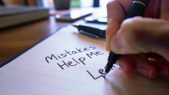 Close up shot of a pen lying on a notepad with motivational quote. Other items are visible in the background