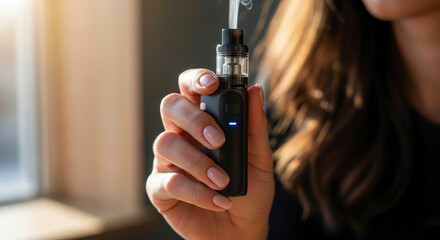 Naklejka premium Woman holding a vape device indoors.