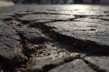 Cracked asphalt surface upclose sunlit with rough texture