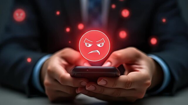 Businessman using smartphone receives angry emoji notifications and online hate
