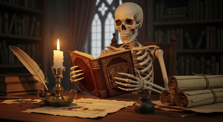 Skeletal figure reads in eerie candlelight.