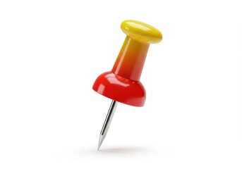 Red and yellow pushpin with metal point on white background.