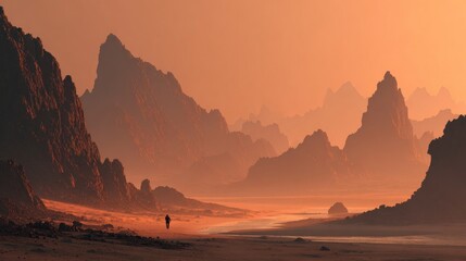 Solitary journey through a fantastical mountain range under a surreal sky