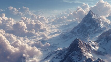 Snow-capped mountain peaks pierce through a sea of fluffy clouds panorama