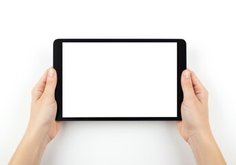Hands holding a blank tablet device horizontally against a white background.