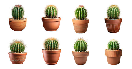 Collection of Colorful Cacti in Various Terracotta Pots, PNG bundle collection, Isolated on Transparent Background