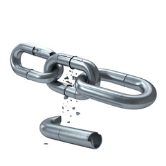 Isolated close-up of a shiny, metallic chain with a broken link, floating in dark