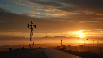 Beautiful sunrise over a rural landscape with windmill and misty atmosphere.