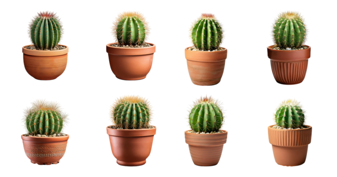 Collection of Colorful Cacti in Various Terracotta Pots, PNG bundle collection, Isolated on Transparent Background
