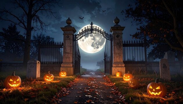 Eerie Halloween night scene with carved pumpkins glowing by a spooky cemetery gate under a full moon, perfect for seasonal promotions and themed events