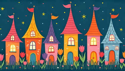 Obraz premium Row of colorful fairytale castles at night under starry sky - whimsical panoramic illustration, magical fantasy children's storybook background