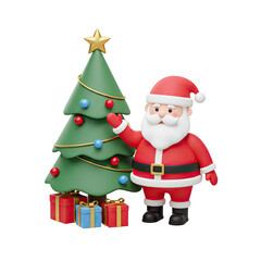 3D Santa Claus with Christmas Tree and Gifts on Transparent Background
